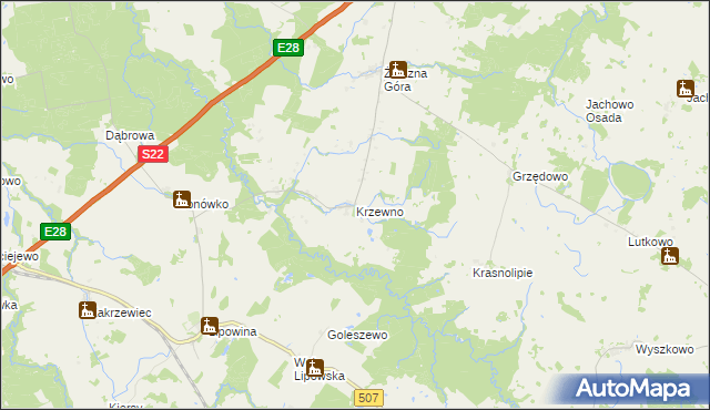 mapa Krzewno gmina Braniewo, Krzewno gmina Braniewo na mapie Targeo
