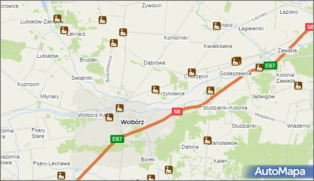 mapa Krzykowice gmina Wolbórz, Krzykowice gmina Wolbórz na mapie Targeo
