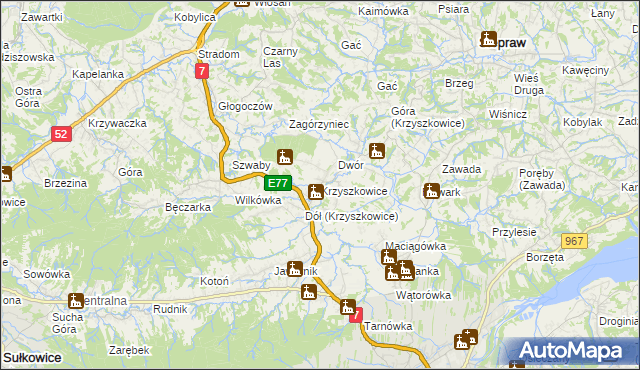 mapa Krzyszkowice gmina Myślenice, Krzyszkowice gmina Myślenice na mapie Targeo