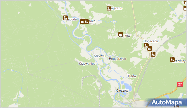 mapa Krzywa gmina Nowogród Bobrzański, Krzywa gmina Nowogród Bobrzański na mapie Targeo