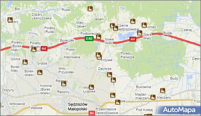 mapa Krzywa gmina Sędziszów Małopolski, Krzywa gmina Sędziszów Małopolski na mapie Targeo