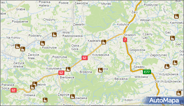 mapa Krzywaczka, Krzywaczka na mapie Targeo