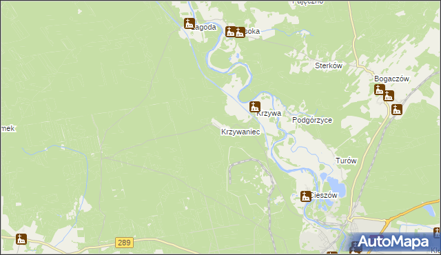 mapa Krzywaniec gmina Nowogród Bobrzański, Krzywaniec gmina Nowogród Bobrzański na mapie Targeo