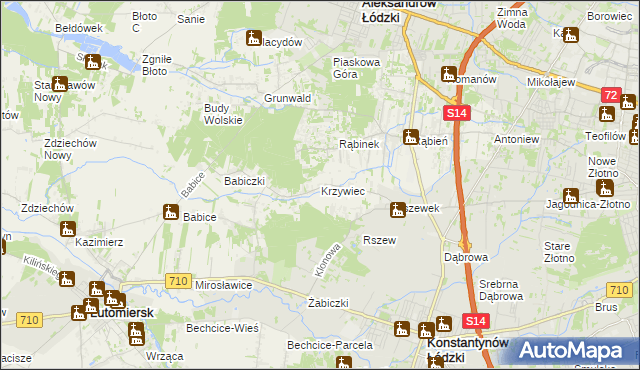 mapa Krzywiec gmina Aleksandrów Łódzki, Krzywiec gmina Aleksandrów Łódzki na mapie Targeo