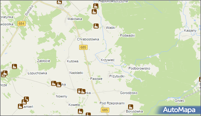 mapa Krzywiec gmina Narew, Krzywiec gmina Narew na mapie Targeo