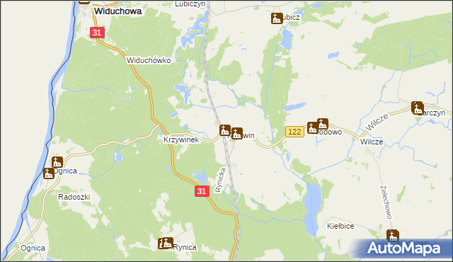 mapa Krzywin gmina Widuchowa, Krzywin gmina Widuchowa na mapie Targeo