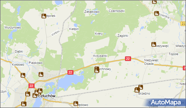 mapa Krzyżanki gmina Człuchów, Krzyżanki gmina Człuchów na mapie Targeo