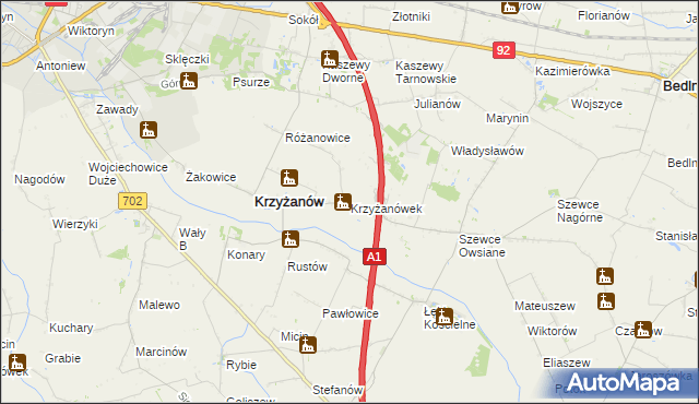 mapa Krzyżanówek, Krzyżanówek na mapie Targeo