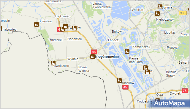 mapa Krzyżanowice powiat raciborski, Krzyżanowice powiat raciborski na mapie Targeo