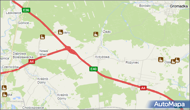 mapa Krzyżowa gmina Gromadka, Krzyżowa gmina Gromadka na mapie Targeo