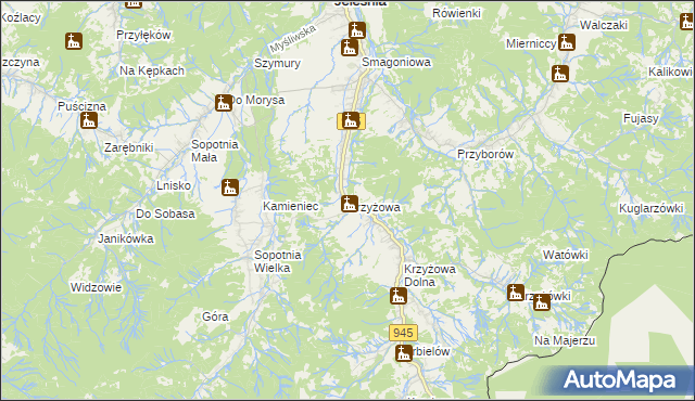 mapa Krzyżowa gmina Jeleśnia, Krzyżowa gmina Jeleśnia na mapie Targeo