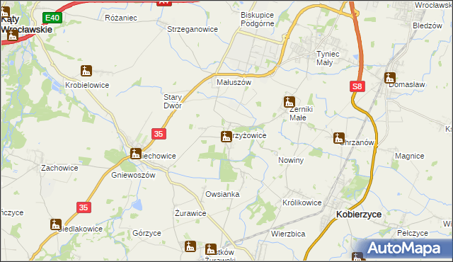 mapa Krzyżowice gmina Kobierzyce, Krzyżowice gmina Kobierzyce na mapie Targeo