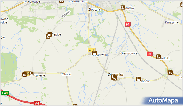 mapa Krzyżowice gmina Olszanka, Krzyżowice gmina Olszanka na mapie Targeo