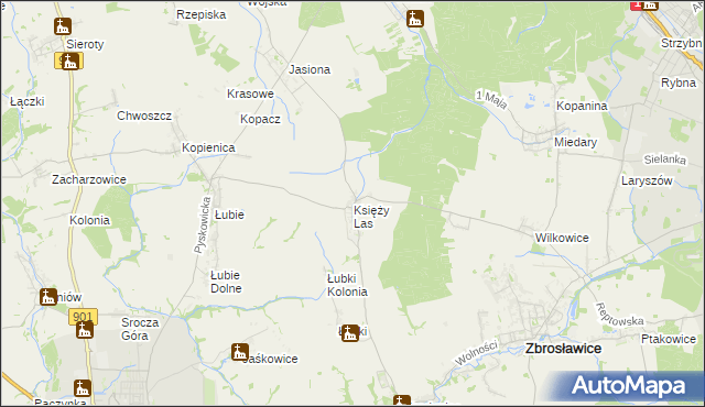 mapa Księży Las gmina Zbrosławice, Księży Las gmina Zbrosławice na mapie Targeo