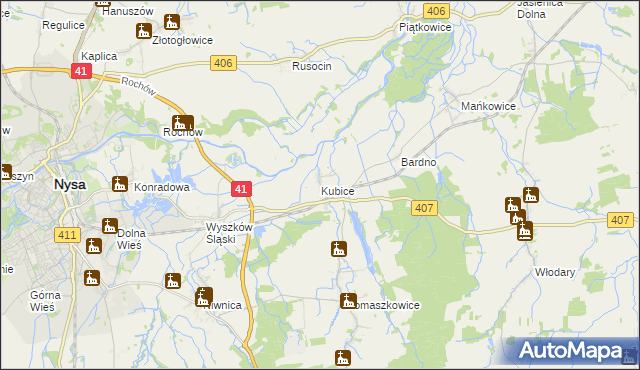 mapa Kubice gmina Nysa, Kubice gmina Nysa na mapie Targeo