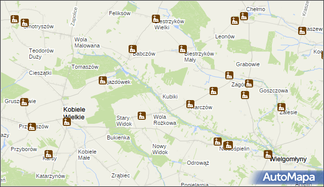 mapa Kubiki gmina Wielgomłyny, Kubiki gmina Wielgomłyny na mapie Targeo