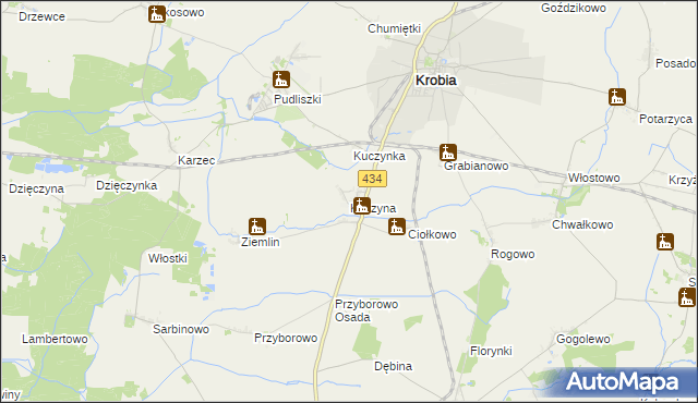 mapa Kuczyna gmina Krobia, Kuczyna gmina Krobia na mapie Targeo