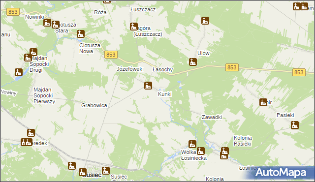 mapa Kunki gmina Susiec, Kunki gmina Susiec na mapie Targeo