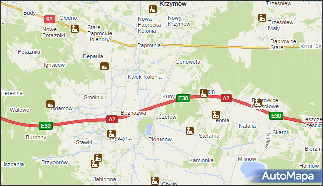 mapa Kuny gmina Władysławów, Kuny gmina Władysławów na mapie Targeo