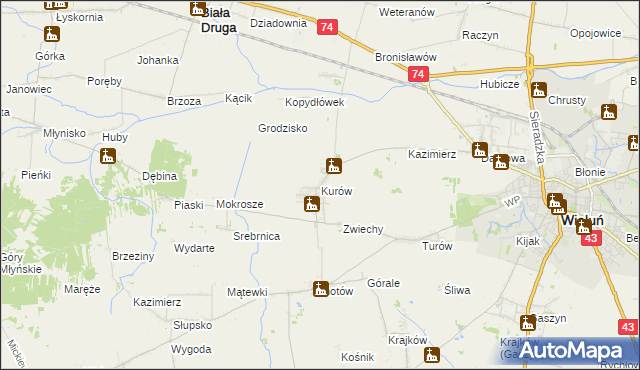 mapa Kurów gmina Wieluń, Kurów gmina Wieluń na mapie Targeo