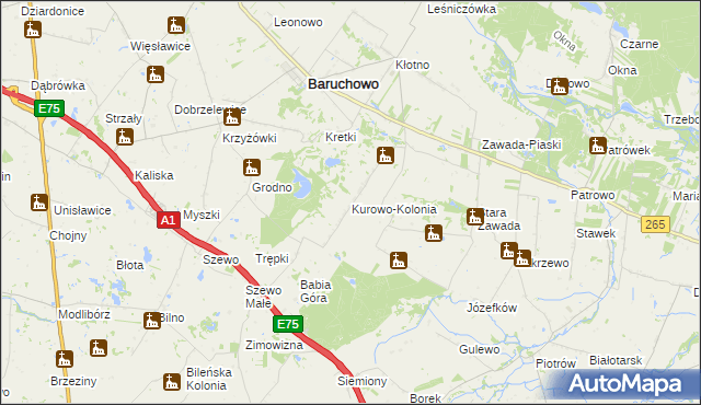 mapa Kurowo-Kolonia gmina Baruchowo, Kurowo-Kolonia gmina Baruchowo na mapie Targeo