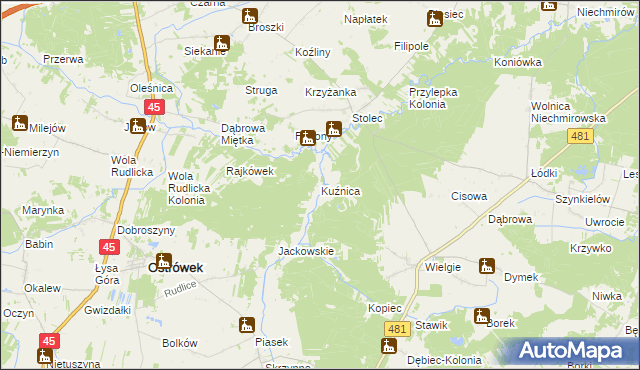 mapa Kuźnica gmina Ostrówek, Kuźnica gmina Ostrówek na mapie Targeo