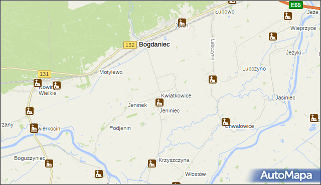 mapa Kwiatkowice gmina Bogdaniec, Kwiatkowice gmina Bogdaniec na mapie Targeo