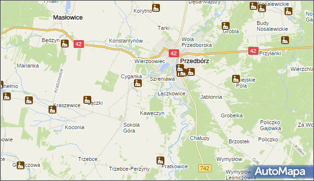 mapa Łączkowice gmina Masłowice, Łączkowice gmina Masłowice na mapie Targeo