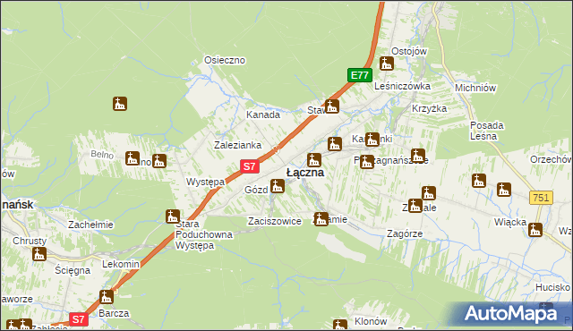 mapa Łączna powiat skarżyski, Łączna powiat skarżyski na mapie Targeo