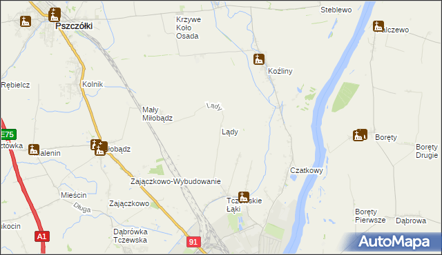 mapa Lądy gmina Tczew, Lądy gmina Tczew na mapie Targeo