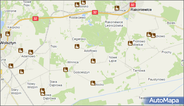 mapa Łąkie gmina Rakoniewice, Łąkie gmina Rakoniewice na mapie Targeo