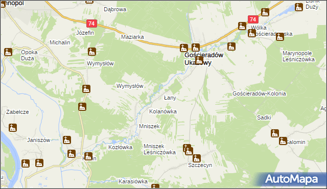 mapa Łany gmina Gościeradów, Łany gmina Gościeradów na mapie Targeo