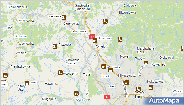 mapa Lasek gmina Nowy Targ, Lasek gmina Nowy Targ na mapie Targeo