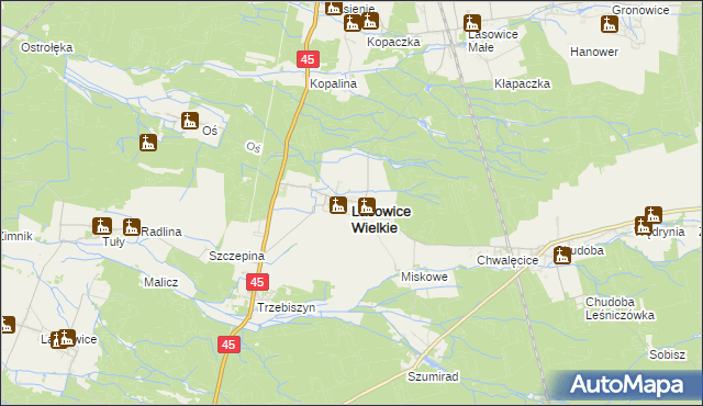 mapa Lasowice Wielkie powiat kluczborski, Lasowice Wielkie powiat kluczborski na mapie Targeo