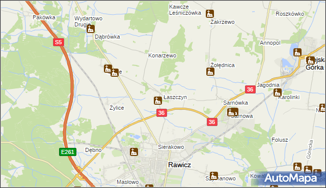 mapa Łaszczyn gmina Rawicz, Łaszczyn gmina Rawicz na mapie Targeo