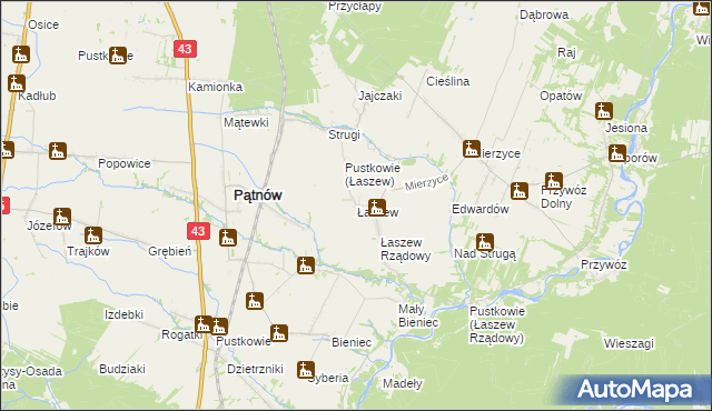 mapa Łaszew gmina Wierzchlas, Łaszew gmina Wierzchlas na mapie Targeo