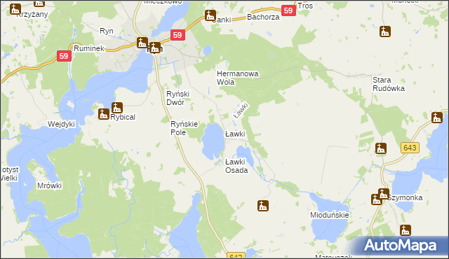 mapa Ławki gmina Ryn, Ławki gmina Ryn na mapie Targeo