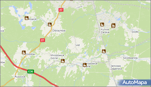 mapa Łaz gmina Żary, Łaz gmina Żary na mapie Targeo