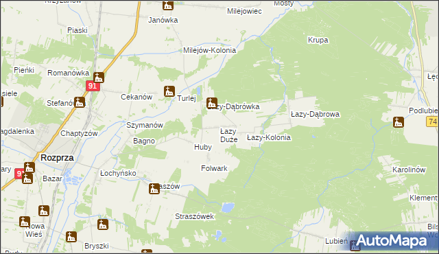 mapa Łazy Duże gmina Rozprza, Łazy Duże gmina Rozprza na mapie Targeo