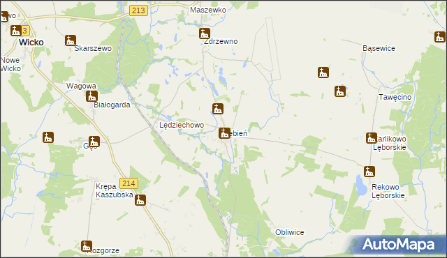 mapa Łebień gmina Nowa Wieś Lęborska, Łebień gmina Nowa Wieś Lęborska na mapie Targeo