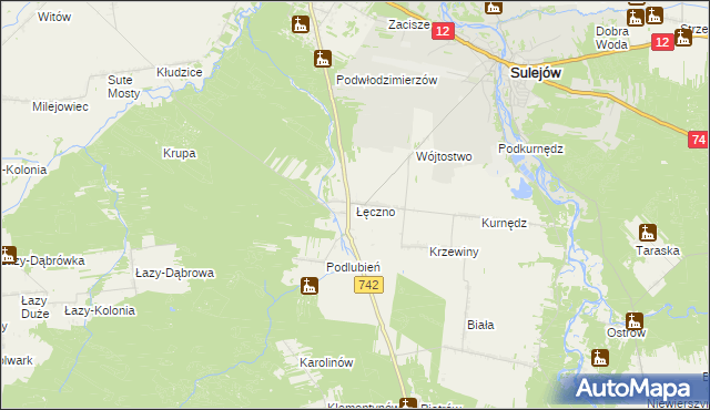 mapa Łęczno gmina Sulejów, Łęczno gmina Sulejów na mapie Targeo