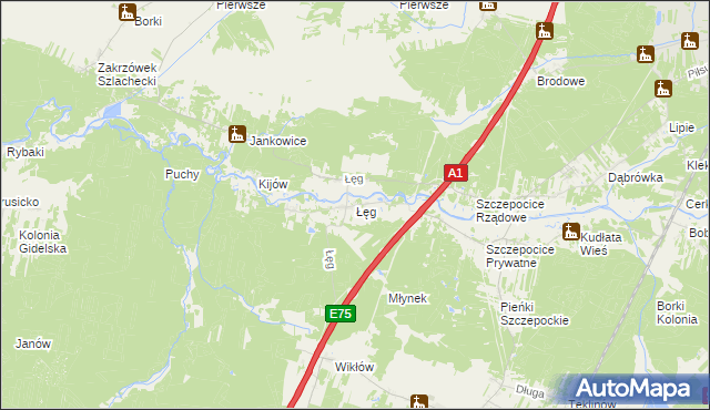 mapa Łęg gmina Kruszyna, Łęg gmina Kruszyna na mapie Targeo