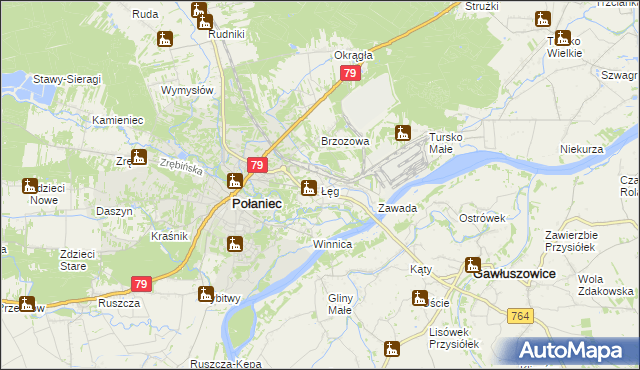 mapa Łęg gmina Połaniec, Łęg gmina Połaniec na mapie Targeo