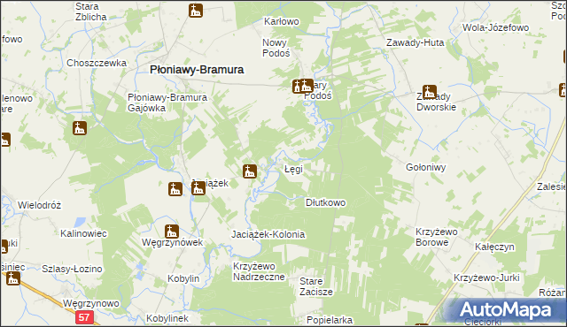 mapa Łęgi gmina Płoniawy-Bramura, Łęgi gmina Płoniawy-Bramura na mapie Targeo