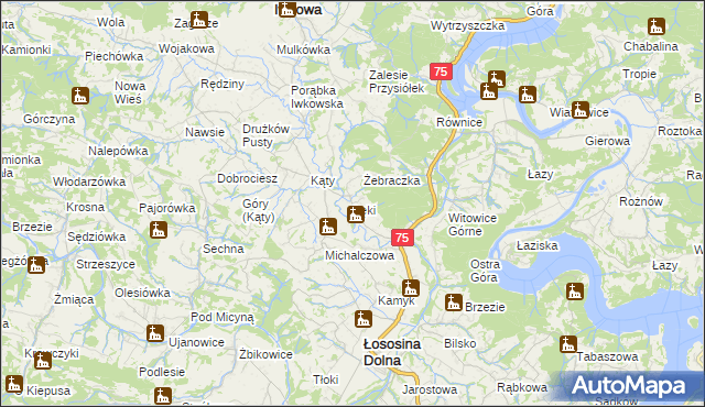 mapa Łęki gmina Łososina Dolna, Łęki gmina Łososina Dolna na mapie Targeo