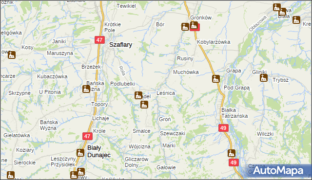 mapa Leśnica gmina Bukowina Tatrzańska, Leśnica gmina Bukowina Tatrzańska na mapie Targeo