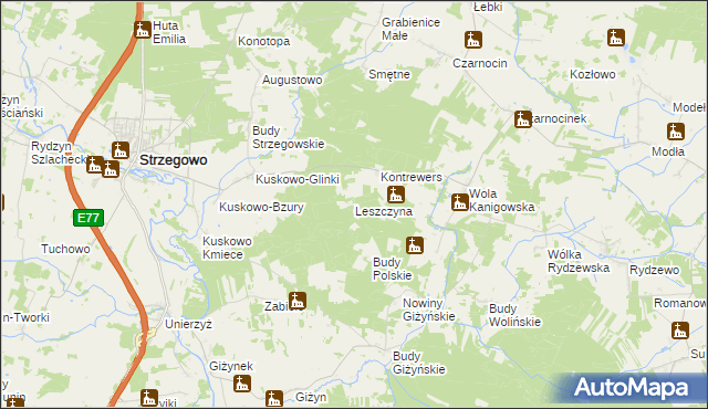 mapa Leszczyna gmina Strzegowo, Leszczyna gmina Strzegowo na mapie Targeo