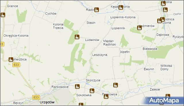 mapa Leszczyna gmina Urzędów, Leszczyna gmina Urzędów na mapie Targeo