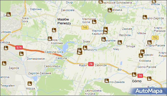 mapa Leszczyny gmina Górno, Leszczyny gmina Górno na mapie Targeo