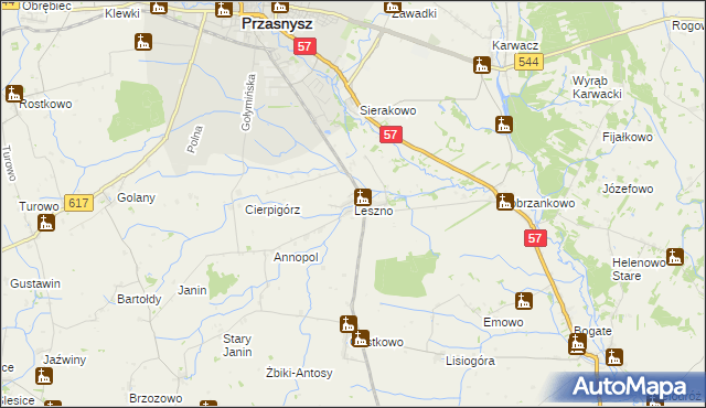 mapa Leszno gmina Przasnysz, Leszno gmina Przasnysz na mapie Targeo